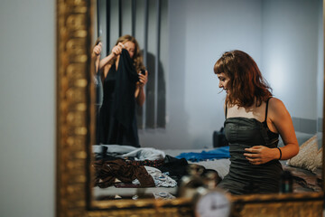 Poster - Two women selecting outfits in a cozy bedroom while getting ready for a fun night out with friends.