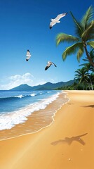 Wall Mural - Idyllic tropical beach with white sand, turquoise water, palm trees, and seagulls soaring in a clear blue sky.