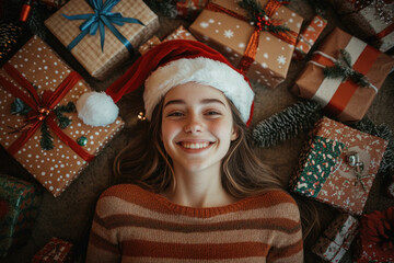 Wall Mural - Young girl in a Santa hat surrounded by presents.