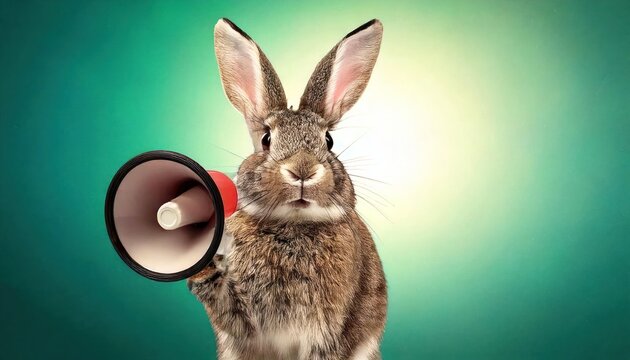 Art collage. A crazy Easter bunny with a megaphone. Promotion, action, holiday, ad, job ques