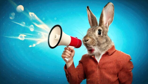 Art collage. A crazy Easter bunny with a megaphone. Promotion, action, holiday, ad, job ques