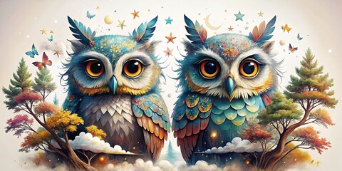  Cartoon Owls in Double Exposure - Whimsical Nature Imagery for Creative Designs