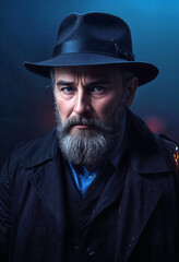 Poster - old bearded detective in a hat on a black background at night of cinematic light