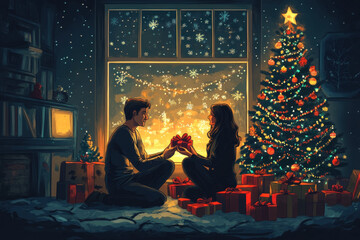 Sticker - Couple sitting in front of Christmas tree, exchanging gifts and smiling warmly.