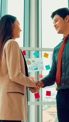 Poster - business people handshake in corporate office showing professional agreement on a financial deal con