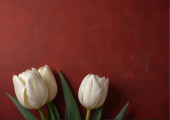 white tulip on a red background, A field of elegant white tulips set against a vibrant red background, highlighting their purity and creating a striking contrast.