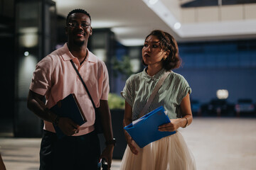 Two young professionals in casual attire hold folders during an outdoor evening meeting. The setting has a corporate ambiance, suggesting a modern business or collaboration atmosphere.