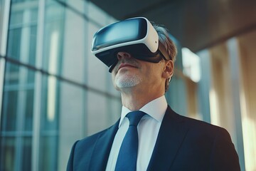 Wall Mural - Young businessman using virtual reality glasses