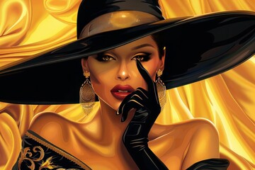  Elegant lady in black gloves and hat, gold earrings, standing in high heels, sleek and modern desig