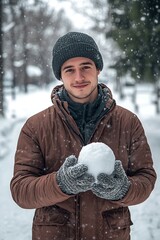 Wall Mural - Handsome man with snowball in his hands in winter park