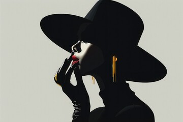  Elegant lady in black gloves and hat, gold earrings, standing in high heels, sleek and modern desig