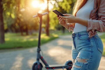 Wall Mural - Young woman unlocking electric scooter using his mobile phone