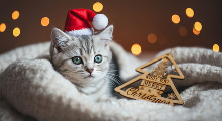 Cat wearing Christmas hat with festive tree and cozy blanket