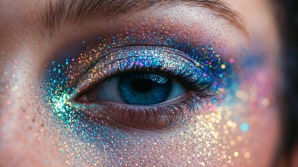 Blue eye with colorful glitter eyeshadow close-up