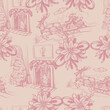 © Yumeee - Seamless pattern with Santa, poinsettia, fir tree in toile style. Vector.