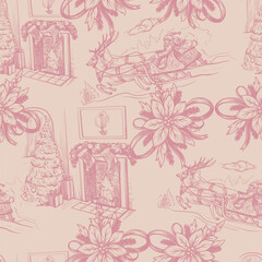 Seamless pattern with Santa, poinsettia, fir tree in toile style. Vector.