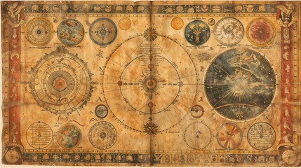 ancient celestial map with intricate astronomical diagrams. zodiac symbols, planetary orbits and con