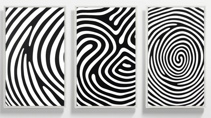 Set of 3 frame wall art with abstract black and white patterns, perfect for use in graphics