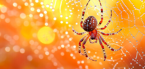 A spider is sitting on a web in the sun. The spider is red and black. The web is orange and yellow.