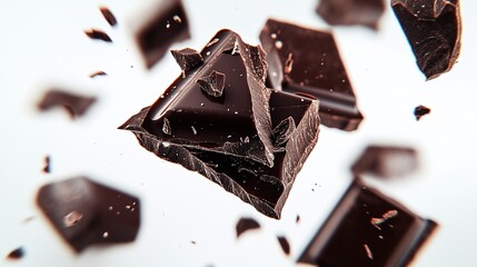 Wall Mural - pieces of dark chocolate falling close up on a white background