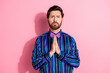 © deagreez - Photo of attractive elegant man wear stylish clothes asking pleading help isolated on pink color background