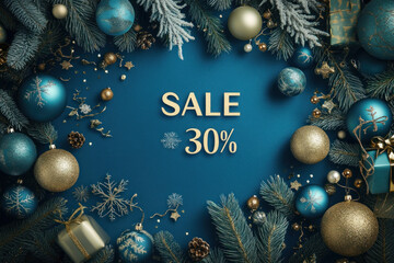 Christmas 30% sale banner with blue and gold decorations, enticing discounts, and festive vibe.