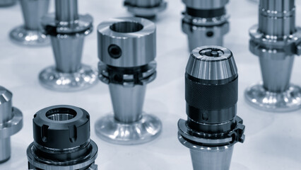 Poster - Milling metal cutter tools for CNC machinein blue, dustrial design background, engineering technology concept.