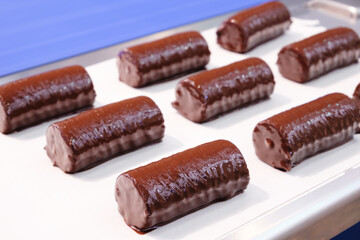 Poster - A tray of chocolate covered doughnuts. The doughnuts are all lined up and are covered in chocolate