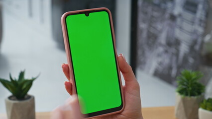 manager finger touching mockup smartphone workplace closeup. woman using phone