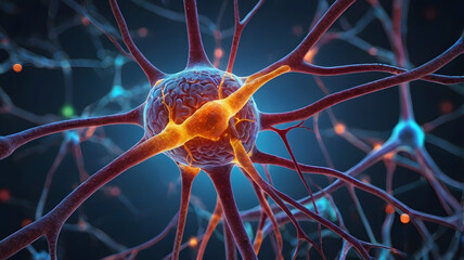 Poster - Neural Network Glowing: Microscopic view of a neuron firing, showcasing intricate dendrites and axons with vibrant, glowing nodes.  A detailed 3D rendering of neural activity, perfect for scientific.