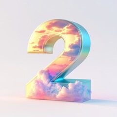 3D number 2 with sky texture realistic modern design, soft lighting, white background