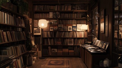 A cozy record store with shelves full of vinyl records and a vintage turntable.