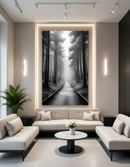 Modern design pale color waiting Room, nature landscape artwork on One of the walls