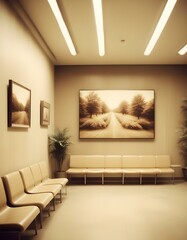 Modern design pale color waiting Room, nature landscape artwork on One of the walls