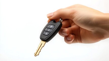 A woman's hand holds a black car key with a gold key blade against a white background.