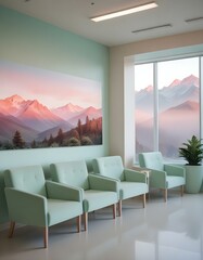 Modern design pale color waiting Room, nature landscape artwork on One of the walls