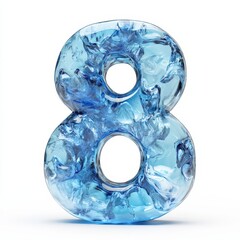 3D number 8 with blue ice texture realistic modern design, soft lighting, white background 