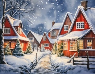 New Year . Danish houses in winter in the snow. Merry Christmas. houses in the winter