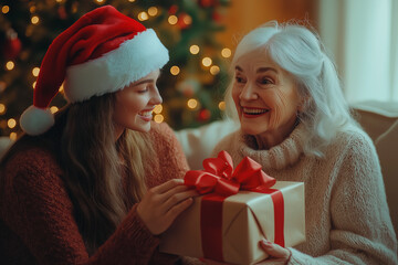 Young girl in Santa hat giving beautifully wrapped gift with red ribbon to elderly woman sitting on sofa with Christmas tree in background, warm relationship between two generations