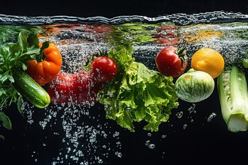 Wall Mural - Different vegetables falling into water on black background