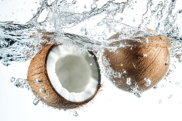 Wall Mural - Coconut falling into water on white background