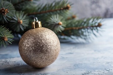 Gold glittery Christmas ball placed near pine branches on a rustic background. Classic and elegant holiday decor. Copy space available.