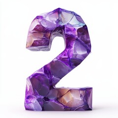 3D number 2 with amethyst texture realistic modern design, soft lighting, white background -