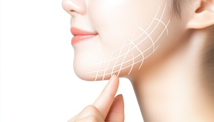 Woman touching her chin, side profile with subtle lines showing facial lifting, representing beauty and skincare improvements, minimalistic style