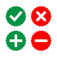 Aufkleber - Right, wrong and add, subtract icon set in zig-zag circle in green and red color vector illustration. Plus, minus, positive and negative symbol collection.