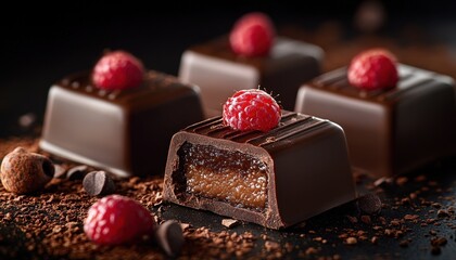 delicious dark chocolate truffles topped with fresh raspberries on a dark backdrop