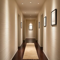 Modern Hallway With Framed Art, Soft Lighting, and a Cozy Carpet in a Serene Interior Setting