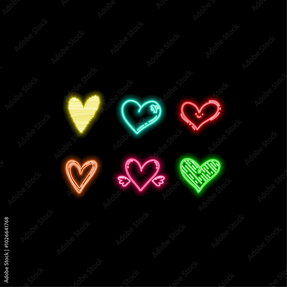 Neon double frame in heart form with shining effects on dark purple ...