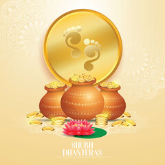 Happy Dhanteras - poster template design with gold coin in pot and decorative diya lamp.