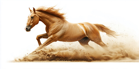 A chestnut horse galloping through the sand with flying mane and tail, isolated on white background. 